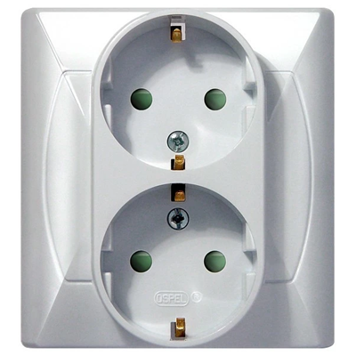 AKCENT Double socket with earthing schuko, white, equipped with shutters for current paths