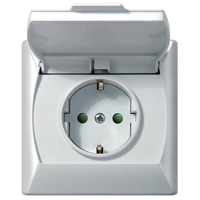 AKCENT Splashproof socket with grounding, white, transparent lid, equipped with shutters for current paths