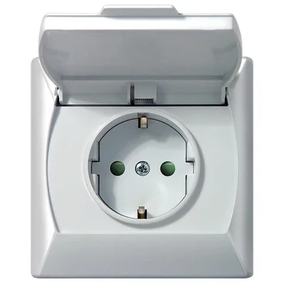 AKCENT Splashproof socket with grounding, white, transparent lid, equipped with shutters for current paths