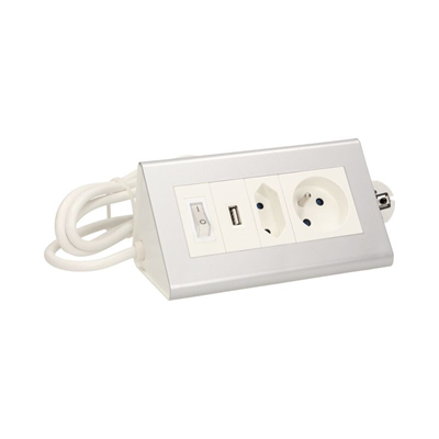 Alargador de escritorio con interruptor y cargador USB 5V DC/2.1A, 1 x 2.5A 2P/II + 1 x 16A 2P+Z plateado