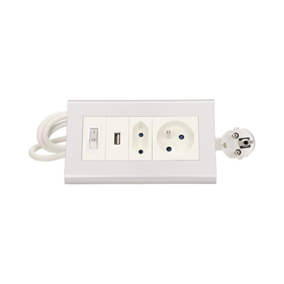 Alargador de escritorio con interruptor y cargador USB 5V DC/2.1A, 1 x 2.5A 2P/II + 1 x 16A 2P+Z plateado