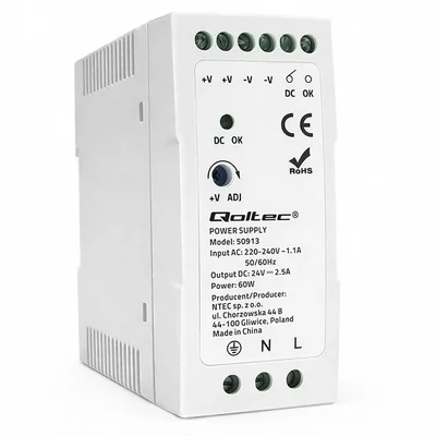 Alimentation sur rail DIN Qoltec | 60 W | 24 V | 2,5 A | Blanche | Format extra-plat
