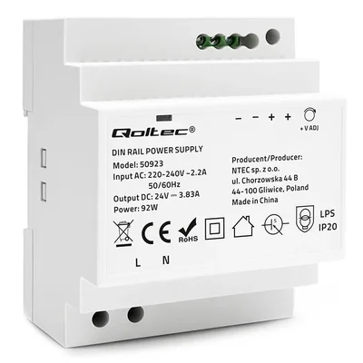 Alimentation sur rail DIN Qoltec | 92 W | 24 V | 3,83 A | Gris