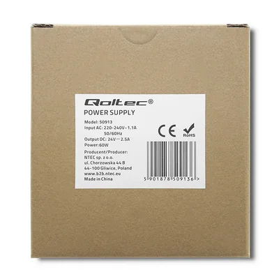 Alimentatore Qoltec per guida DIN | 60W | 24V | 2.5A | Bianco | Slim