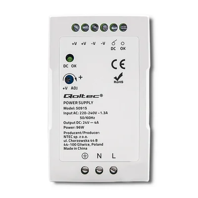 Alimentatore Qoltec per guida DIN | 96W | 24V | 4A | Bianco | Slim