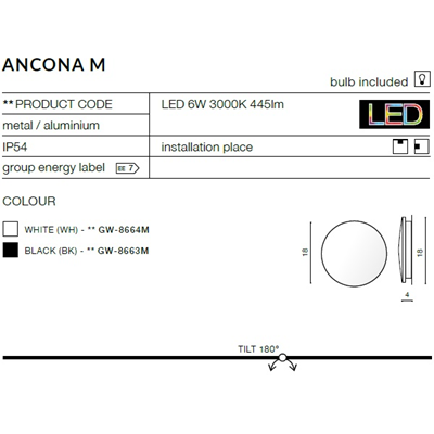 ANCONA M Wall lamp 9W 700LM 3000K IP54 white