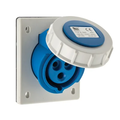 Angled panel socket, 16A/3P, 250V, blue, IP67