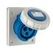 Angled panel socket, 16A/3P, 250V, blue, IP67
