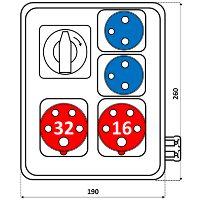 Appareillage 1x16A 5p 1x32A 5p 2x230V TVM21 Interrupteur IP44 0-1