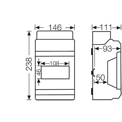 Appareillage apparent sans équipement 1500VDC/1000VAC IP65 classe de protection II 1x6 modules sans bornes 146x238x111 matériau PS-polystyrène poids 0,702kg