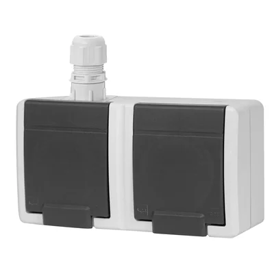 AQUANT 2K Doppel-Aufputzsteckdose mit Erdung 2x2P+Z Schutzart IP 65 - grau 7035/7016