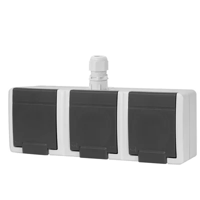 AQUANT 2K Dreifach-Aufputzsteckdose mit Erdung 3x2P+Z Schutzart IP 65 - grau 7035/7016