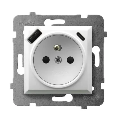 ARIA Einzelsteckdose mit Erdung und Strompfadabdeckungen, mit USB-A+C-Ladegerät – weiß