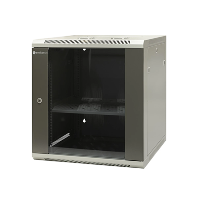 Armoire suspendue 19'' 12U, porte acier/verre, panneaux latéraux amovibles avec serrure, 600×600×635 L/P/H. millimètre ; RAL : armoire 7044, porte 7010, étagère fixe 270 mm et jeu de 15 vis de fixation inclus