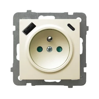 AS Einzelsteckdose mit Erdung und Strompfad-Shutzer mit USB-Ladegerät A+B ecru