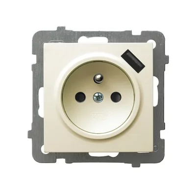 AS Single socket outlet with earthing and shutters for current paths, with ecru USB charger
