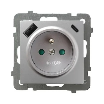 AS Single socket with grounding and current path shutters with USB charger A+B silver