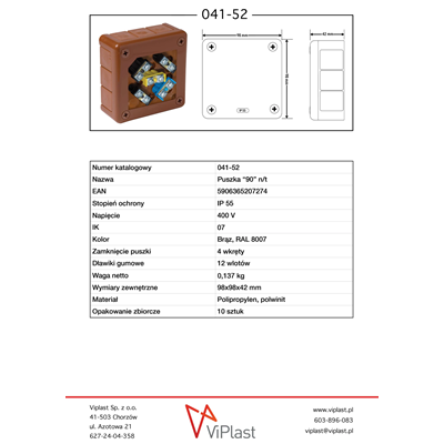 Aufputzdose „90“ mit 12 Eingängen und Gummiverschraubungen, 98 x 98 x 42 mm, IP55-Abdeckung für 4 Schrauben mit braunen Anschlüssen