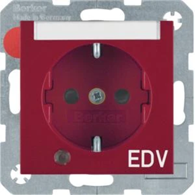 B. QUADRATISCHE SCHUKO-Steckdose mit einer Steuerdiode und einem Beschreibungsfeld, roter „EDV“-Aufdruck