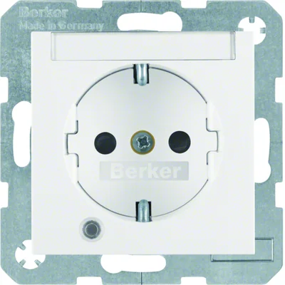 B. QUADRATISCHE SCHUKO-Steckdose mit einer Steuerdiode und einem Beschreibungsfeld, schneeweiß