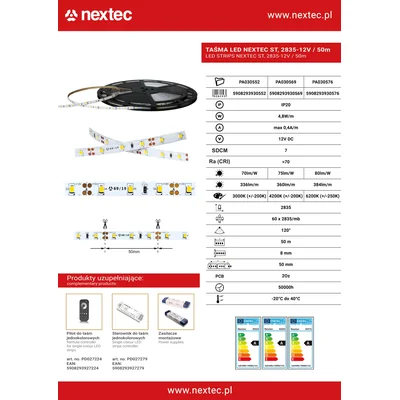 Bande LED NEXTEC ST / 12 V / 2835 / 4,8 W / 60 LED / IP20 / 4200 K ± 200 K / 75 lm/W / 50 m / 8 mm