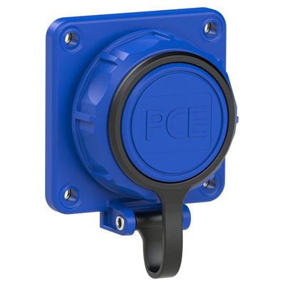 Base de enchufe panel schuko NAUTILUS con tapa flexible de conexión 16A 2P+Z 230V 50/60Hz IP66/68, conexión trasera, brida 75X75, contactos niquelados