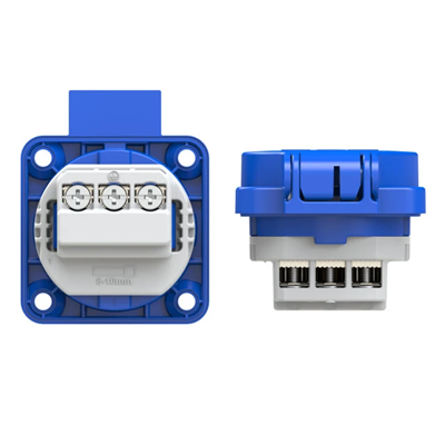 Base de enchufe schuko 16A 2P+Z 230V 50/60Hz IP54, conexión lateral, brida 50X50, contactos niquelados