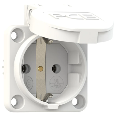 Base de enchufe schuko 16A 2P+Z 230V 50/60Hz IP54, conexión lateral brida 50X50, contactos niquelados, blanco