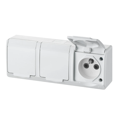 Base de enchufe triple, de superficie, con puesta a tierra, blanco + humo, IP44 HERMES