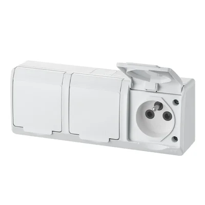 Base de enchufe triple, de superficie, con puesta a tierra, blanco + humo, IP44 HERMES