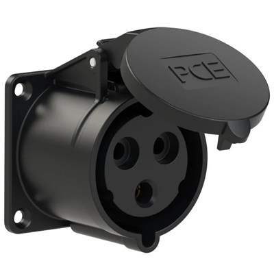 Base de panel recta 32A 2P+Z 230V 50/60Hz 6h IP44, brida 70X70, distancia tornillos 56X56, contactos niquelados, serie MIDNIGHT
