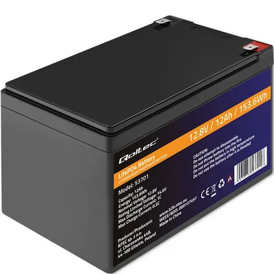 Batería de fosfato de hierro y litio Qoltec LiFePO4 | 12,8 V | 12 Ah | 153,6 Wh | BMS