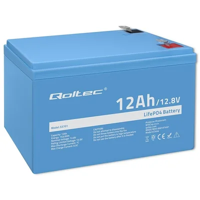 Batería de fosfato de hierro y litio Qoltec LiFePO4 | 12,8 V | 12 Ah | 153,6 Wh | BMS