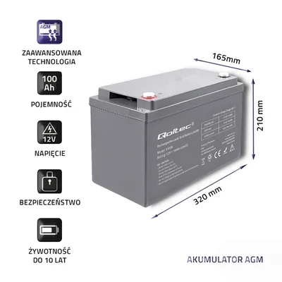 Batería Qoltec AGM | 12V | 100Ah | 28,1kg | Sin mantenimiento | Potente | Larga duración | para UPS, caravana, barco, horno