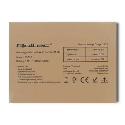Batería Qoltec AGM | 12V | 100Ah | 28,1kg | Sin mantenimiento | Potente | Larga duración | para UPS, caravana, barco, horno
