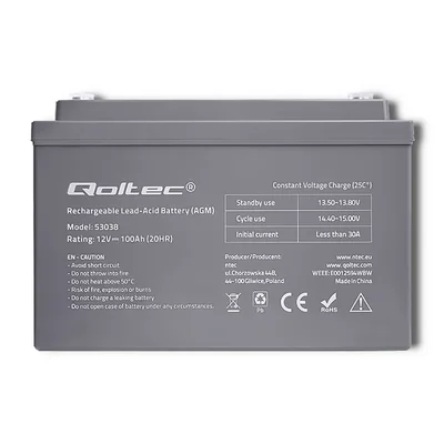 Batería Qoltec AGM | 12V | 100Ah | 28,1kg | Sin mantenimiento | Potente | Larga duración | para UPS, caravana, barco, horno