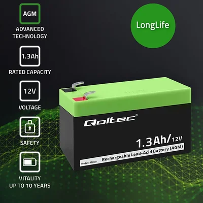 Batería Qoltec AGM | 12V | 1.3Ah | Sin mantenimiento | Eficiente | Larga duración | Para UPS, básculas y cajas registradoras