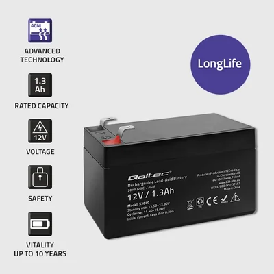 Batería Qoltec AGM | 12V | 1.3Ah | Sin mantenimiento | Eficiente | Larga duración | Para UPS, básculas y cajas registradoras