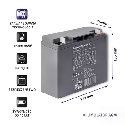 Batería Qoltec AGM | 12V | 18Ah | Sin mantenimiento | Eficiente | Larga duración | para UPS, scooter