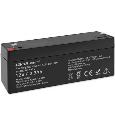 Batería Qoltec AGM | 12V | 2.3Ah | Sin mantenimiento | Eficiente | Larga duración | Para UPS, básculas y cajas registradoras