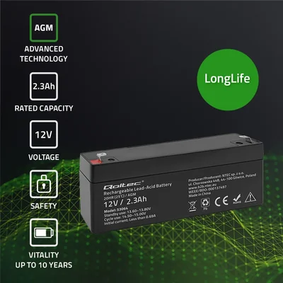 Batería Qoltec AGM | 12V | 2.3Ah | Sin mantenimiento | Eficiente | Larga duración | Para UPS, básculas y cajas registradoras