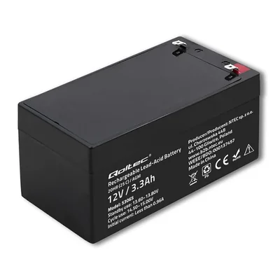 Batería Qoltec AGM | 12V | 3.3Ah | Sin mantenimiento | Eficiente | Larga duración | Para UPS, básculas y cajas registradoras