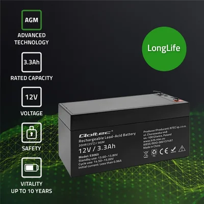 Batería Qoltec AGM | 12V | 3.3Ah | Sin mantenimiento | Eficiente | Larga duración | Para UPS, básculas y cajas registradoras