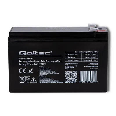 Batería Qoltec AGM | 12V | 7Ah | Sin mantenimiento | Eficiente | Larga duración | para UPS, seguridad
