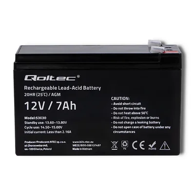 Batería Qoltec AGM | 12V | 7Ah | Sin mantenimiento | Eficiente | Larga duración | para UPS, seguridad