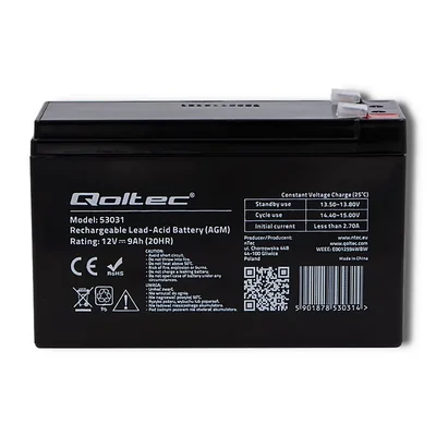 Batería Qoltec AGM | 12V | 9Ah | Sin mantenimiento | Eficiente | Larga duración | para UPS y sistemas de seguridad