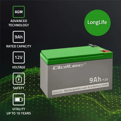 Batería Qoltec AGM | 12V | 9Ah | Sin mantenimiento | Eficiente | Larga duración | para UPS y sistemas de seguridad