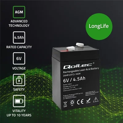 Batería Qoltec AGM | 6V | 4,5Ah | Sin mantenimiento | Eficiente | Larga duración | Para SAI, básculas y cajas registradoras