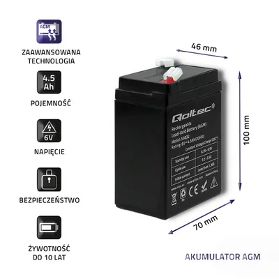 Batería Qoltec AGM | 6V | 4,5Ah | Sin mantenimiento | Eficiente | Larga duración | Para SAI, básculas y cajas registradoras