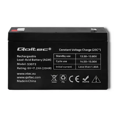 Batería Qoltec AGM | 6V | 7.2Ah | Sin mantenimiento | Eficiente | Larga duración | para juguetes y vehículos